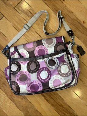 Coach Pink Brown Diaper Bag Messenger Nylon Leather Trim Crossbody Baby Bag